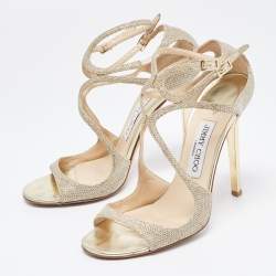 Pre Owned Jimmy Choo Gold Glitter Ivette Ankle Strap Sandals Size 38