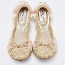 Pre Owned Jimmy Choo Beige Satin and Glitter Ballet Flats Size 38