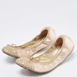 Pre Owned Jimmy Choo Beige Satin and Glitter Ballet Flats Size 38
