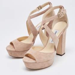مملوكة مسبقًا Jimmy Choo Beige Suede April Platform Ankle Strap Sandals Size 37.5