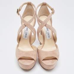 مملوكة مسبقًا Jimmy Choo Beige Suede April Platform Ankle Strap Sandals Size 37.5