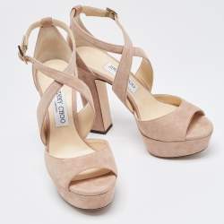 مملوكة مسبقًا Jimmy Choo Beige Suede April Platform Ankle Strap Sandals Size 37.5