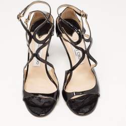 Pre Owned Jimmy Choo Black Patent Leather Lang  Sandals Size 38.5