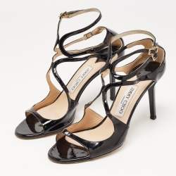 Pre Owned Jimmy Choo Black Patent Leather Lang  Sandals Size 38.5