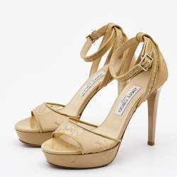Jimmy Choo Beige Lace and Patent Kayden Ankle Strap Sandals Size 37