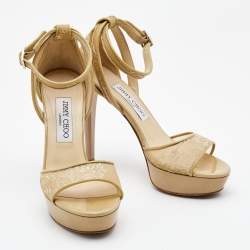 Jimmy Choo Beige Lace and Patent Kayden Ankle Strap Sandals Size 37