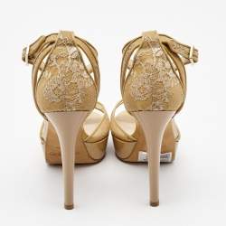 Jimmy Choo Beige Lace and Patent Kayden Ankle Strap Sandals Size 37