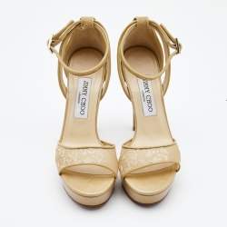 Jimmy Choo Beige Lace and Patent Kayden Ankle Strap Sandals Size 37
