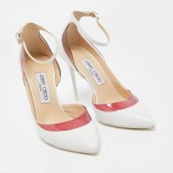 مملوكة مسبقًا Jimmy Choo White/Pink Leather and PVC D'orsay Pointed Toe Ankle Strap Pumps Size 37