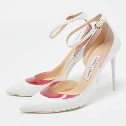 Jimmy Choo White/Pink Leather and PVC D'orsay Pointed Toe Ankle Strap Pumps Size 37