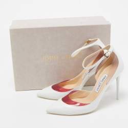 مملوكة مسبقًا Jimmy Choo White/Pink Leather and PVC D'orsay Pointed Toe Ankle Strap Pumps Size 37