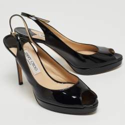 Pre Owned Jimmy Choo Black Patent Leather Peep Toe Platform Slingback Pumps Size 40