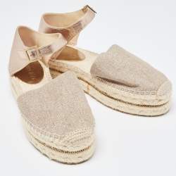 Pre Owned Jimmy Choo Metallic Leather and Glitter Canvas Espadrille Platform Ankle Strap Pumps Size 39