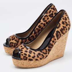 Pre Owned Jimmy Choo Brown/Beige Leopard Print Calf Hair and Patent Leather Papina Trim Cork Wedge Platform Pumps Size 39