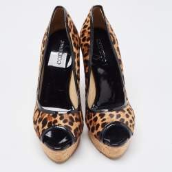 Pre Owned Jimmy Choo Brown/Beige Leopard Print Calf Hair and Patent Leather Papina Trim Cork Wedge Platform Pumps Size 39