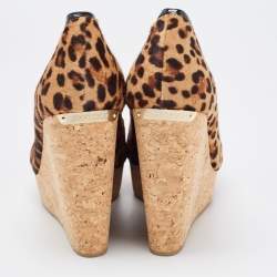 Pre Owned Jimmy Choo Brown/Beige Leopard Print Calf Hair and Patent Leather Papina Trim Cork Wedge Platform Pumps Size 39
