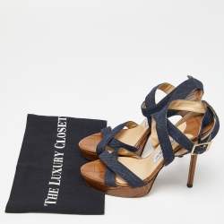 Jimmy Choo Navy Blue Denim Vamp Platform Sandals Size 38
