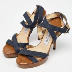 Jimmy Choo Navy Blue Denim Vamp Platform Sandals Size 38