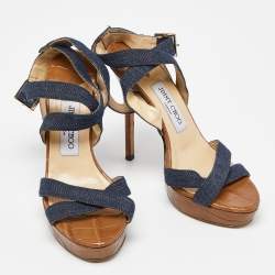 Jimmy Choo Navy Blue Denim Vamp Platform Sandals Size 38