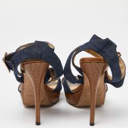 Jimmy Choo Navy Blue Denim Vamp Platform Sandals Size 38