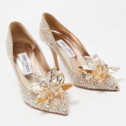 Pre Owned Jimmy Choo Gold Satin Alia Crystal Embellished Pointed Toe Pumps Size 38