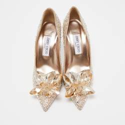Pre Owned Jimmy Choo Gold Satin Alia Crystal Embellished Pointed Toe Pumps Size 38