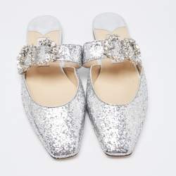 مملوكة مسبقًا Jimmy Choo Silver Glitter Slide Flats Size 38.5