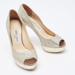 Pre Owned Jimmy Choo Silver/Gold Glitter Luna Peep Toe Pumps Size 36