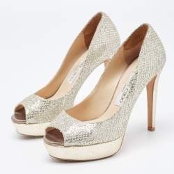 Pre Owned Jimmy Choo Silver/Gold Glitter Luna Peep Toe Pumps Size 36
