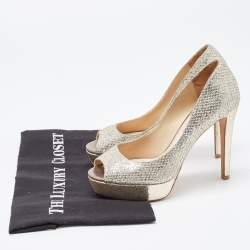 Pre Owned Jimmy Choo Silver/Gold Glitter Luna Peep Toe Pumps Size 36