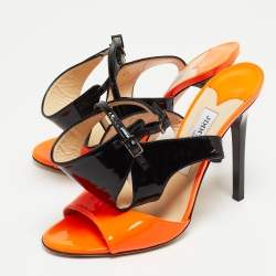 Pre Owned Jimmy Choo Orange/Black Patent Leather Ankle Strap Sandals Size 38