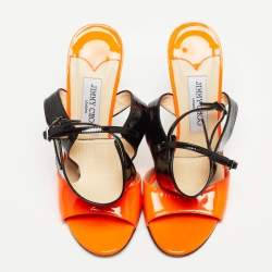 Pre Owned Jimmy Choo Orange/Black Patent Leather Ankle Strap Sandals Size 38