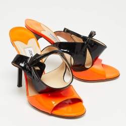 Pre Owned Jimmy Choo Orange/Black Patent Leather Ankle Strap Sandals Size 38