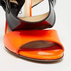 Pre Owned Jimmy Choo Orange/Black Patent Leather Ankle Strap Sandals Size 38