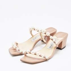 مملوكة مسبقًا Jimmy Choo Beige Leather Amara Slide Sandals Size 34