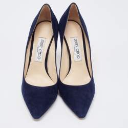 Pre Owned Jimmy Choo Navy Blue Suede Romy Pointed Toe Pumps Size 38.5