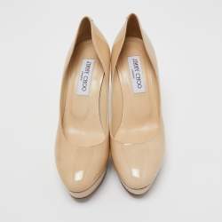 Pre Owned Jimmy Choo Beige Patent Leather Cosmic Platform Pumps Size 37