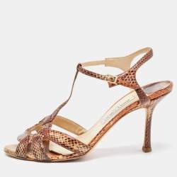 Pre Owned Jimmy Choo Brown Snakeskin T-Bar Ankle Strap Sandals Size 39.5