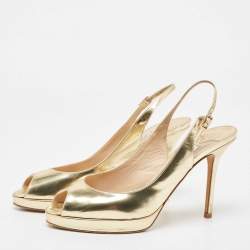 Pre Owned Jimmy Choo Gold Leather Nova Slingback Peep Toe Pumps Size 37.5