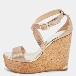 Jimmy Choo Metallic Gold Leather Cork Wedge Sandals Size 37