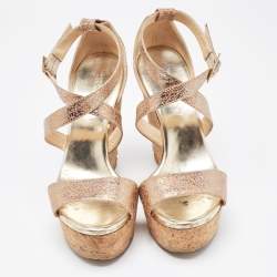 Jimmy Choo Metallic Gold Leather Cork Wedge Sandals Size 37