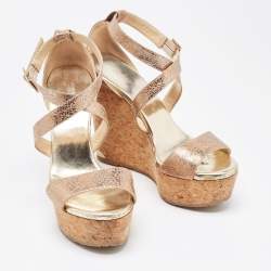 Jimmy Choo Metallic Gold Leather Cork Wedge Sandals Size 37