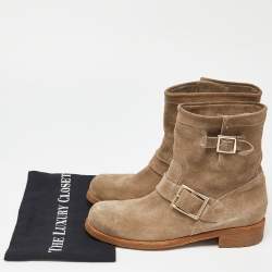 Pre Owned Jimmy Choo Beige Nubuck Youth Buckle Detail Biker Ankle Length Boots Size 38.5