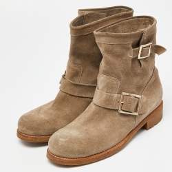 Pre Owned Jimmy Choo Beige Nubuck Youth Buckle Detail Biker Ankle Length Boots Size 38.5