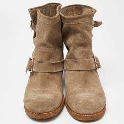 Pre Owned Jimmy Choo Beige Nubuck Youth Buckle Detail Biker Ankle Length Boots Size 38.5