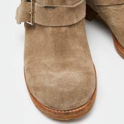 Pre Owned Jimmy Choo Beige Nubuck Youth Buckle Detail Biker Ankle Length Boots Size 38.5