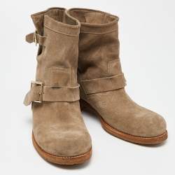 Pre Owned Jimmy Choo Beige Nubuck Youth Buckle Detail Biker Ankle Length Boots Size 38.5