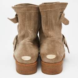 Pre Owned Jimmy Choo Beige Nubuck Youth Buckle Detail Biker Ankle Length Boots Size 38.5
