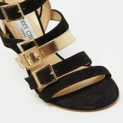Jimmy Choo Black/Gold Suede and Patent Leather Booster Gladiator Sandals Size 38.5