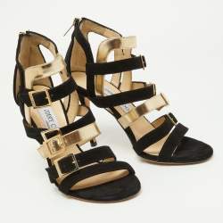 Jimmy Choo Black/Gold Suede and Patent Leather Booster Gladiator Sandals Size 38.5